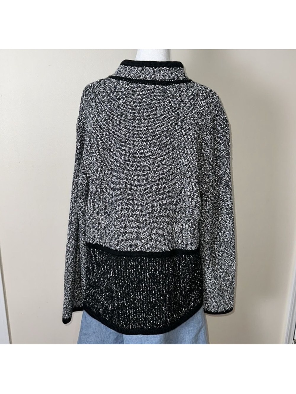 KL XL Two Tone Marbled Black White Boucle Cotton Blend Knit Button Front Jacket - Picture 15 of 15